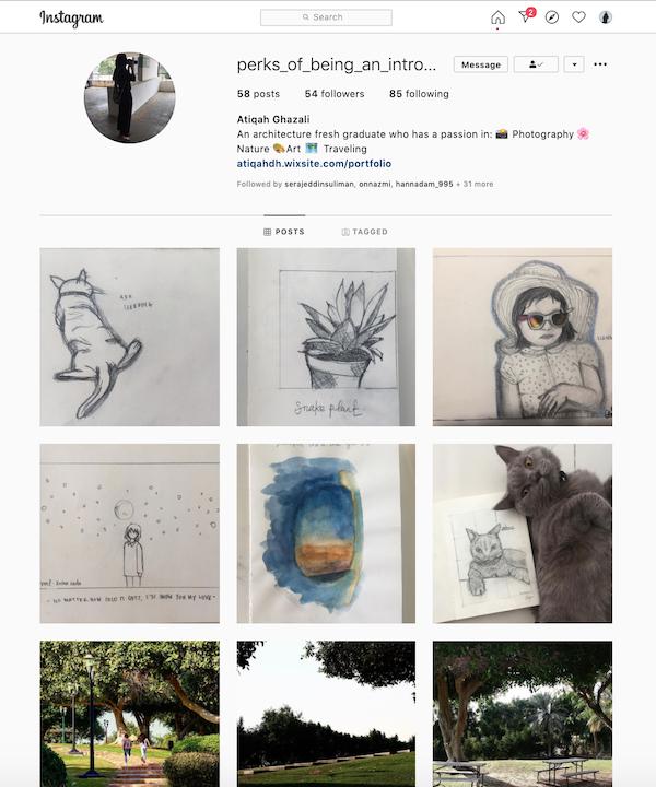 Atiqah's instagram page with sketches that were done during quarantine - perksofbeinganintrovert.