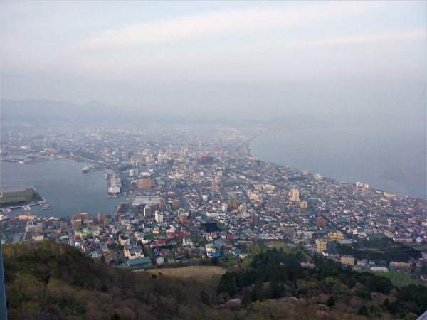Aerial view of Hakodate city skyline from Mount Hakodate Observatory.