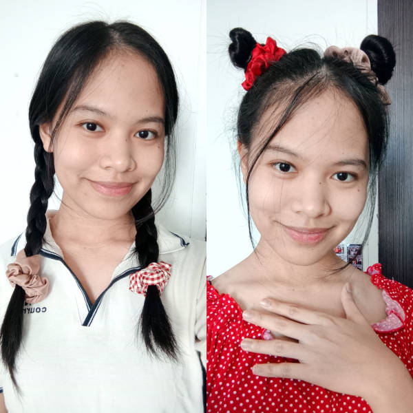 A two-photo collage of the author visually demonstrating how she styles her hair with a scrunchie. The left photo shows the author in a braided pigtails. The right shows the author styling her hair in space buns.