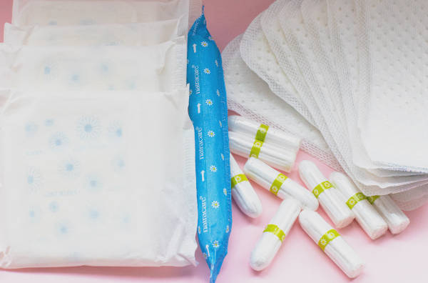 Various type of sanitary products such as pads, tampons etc used by girls who get their period.