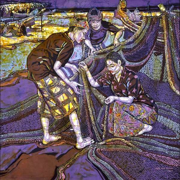 A batik painting of woman and men going through fishing net at sea. 