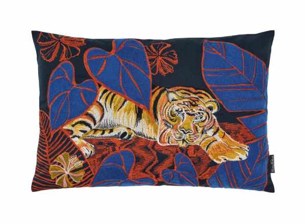 The tiger crouching amongst leaves and vegetation is featured on the decorative Dawon cushion by Christian Fischbacher.
