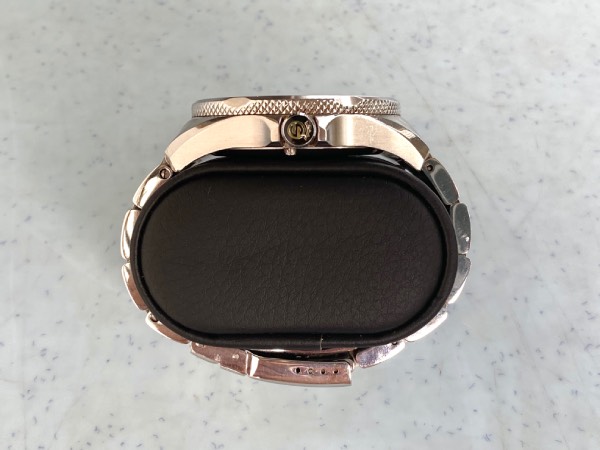 Side profile view of the Steinhart Ocean 2 diver, showcasing the rather thick watch case, with a prominent and angular bezel. This results in it wearing rather thick on the wrist.