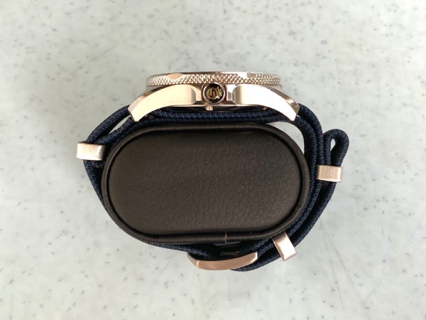 Side profile view of the Steinhart Ocean 2 diver, now matched with a nylon NATO strap instead of the stock bracelet. This showcases the Ocean 2 in all its glorious dive watch aesthetics.