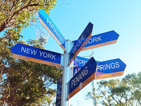Direction signboards, pointing to multiple directions, towards major cities of the world. This symbolises where home is in the world.