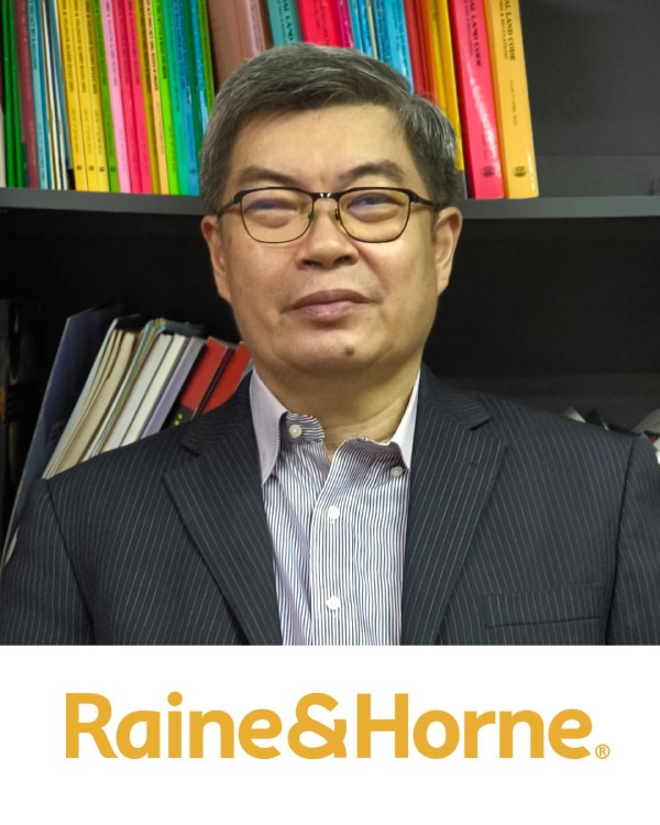 Profile photo of Sr James Tan, and the logo of Raine & Horne.