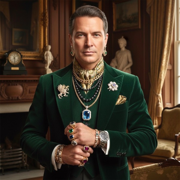 An AI generated image of a wealthy gentleman, in his highly decorated living room. He's wearing a velvet, green, three-piece suit, and a gold, patterned cravat and pocket square. He's also wearing an assortment of jewellery. Dangly gold earrings, multiple gold necklaces, one with a huge sapphire pendant, gold broaches encrusted with diamonds, several rings and bracelets, with an assortment of precious stones, and a luxury watch.