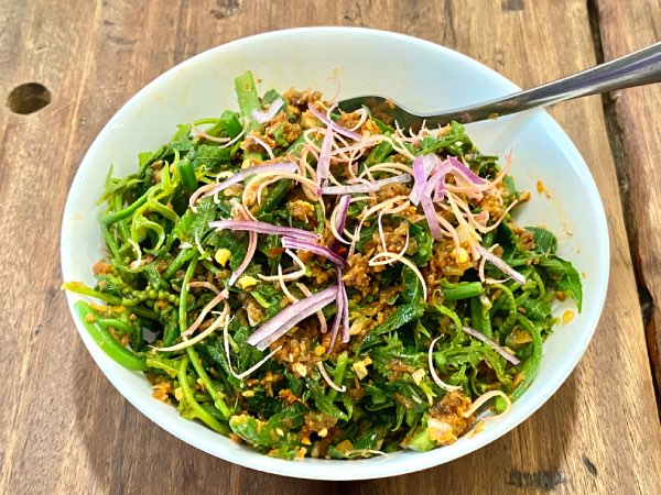 Close-up view of Kerabu Asam Paku, another Sri Nyonya Bistro's recommended dish. A fresh and green, crunchy fern shoot salad, tossed in contrasting prawn floss, and sliced raw onions.