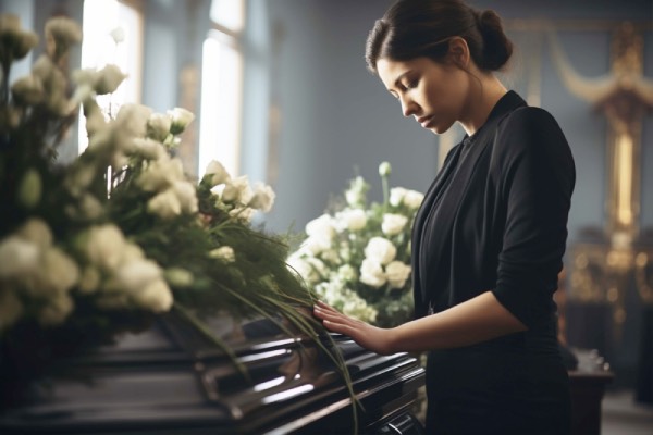Death of a loved one. A solemn funeral, where a woman, dressed in black, emotionally touching the coffin, decorated with white roses, containing a loved one.