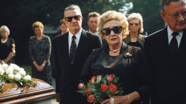 Family and mourners at the cemetery, accompanying the coffin of the departed. All of them dressed in black or dark clothes, as a sign of mourning and respect.